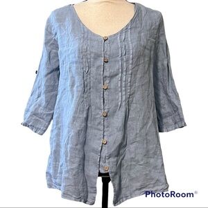 Lungo L'Arno medium 100% linen blue scoop neck button down 3/4 Roll Tab Sleeve
